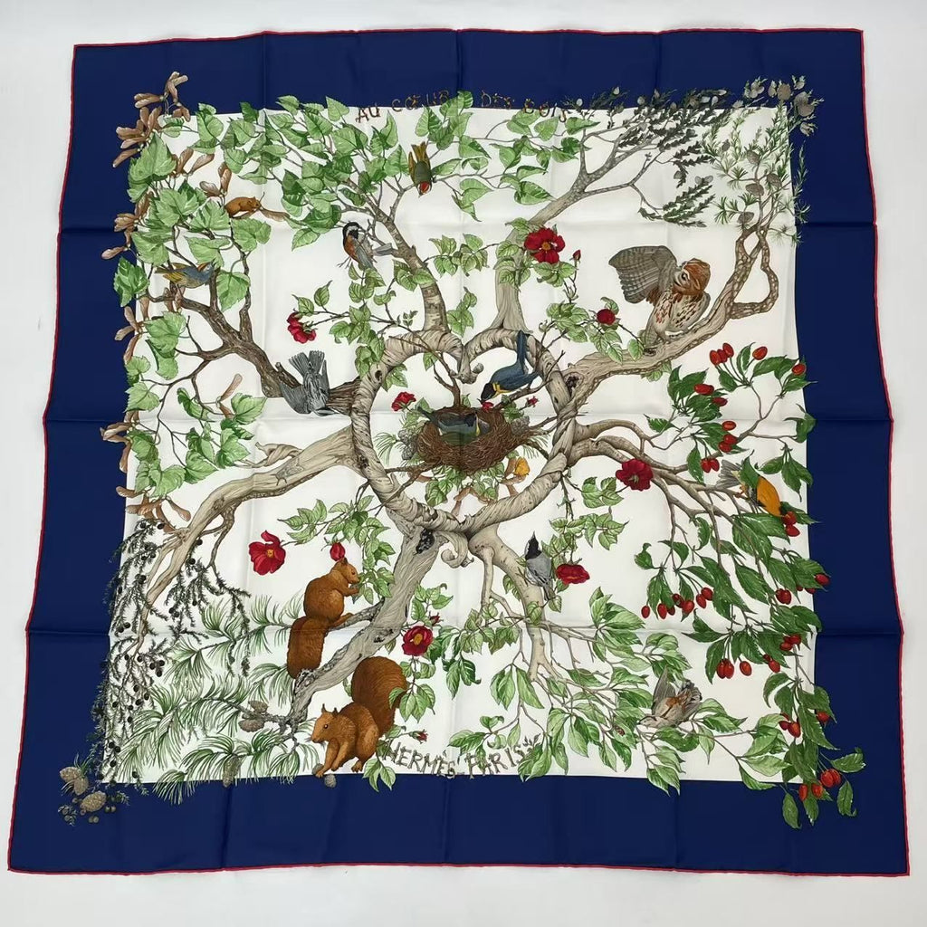 Hermes Carre 90 Coeur Des Bois in the Woods Navy Silk 100% Scarf