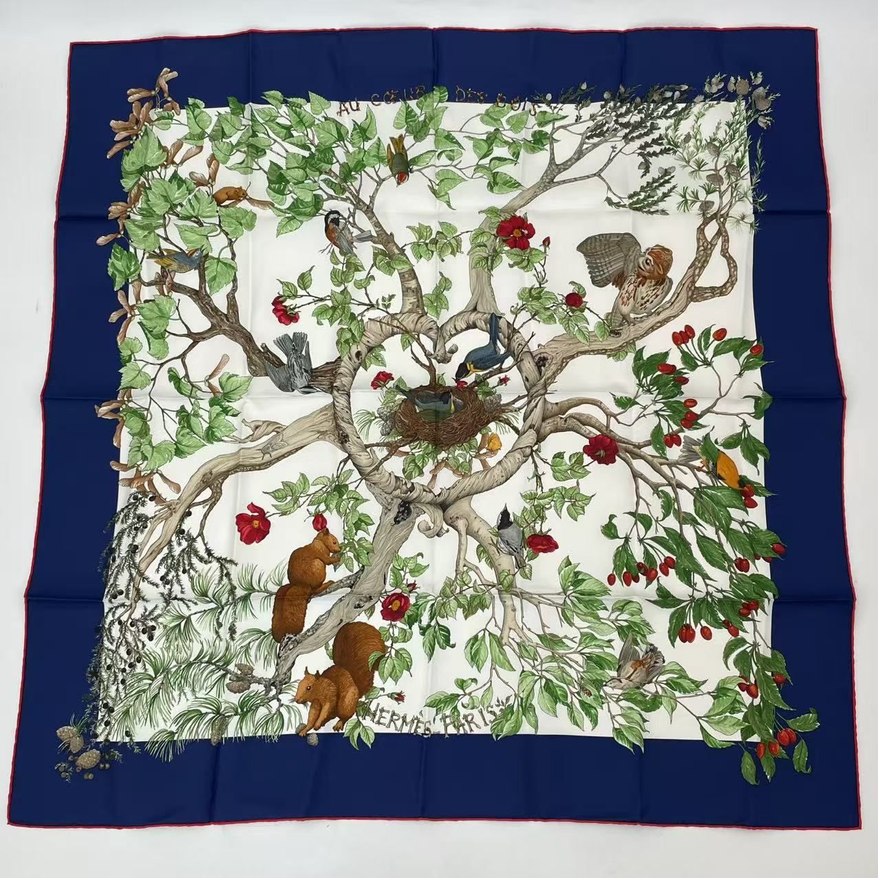 Hermes Carre 90 Coeur Des Bois in the Woods Navy Silk 100% Scarf