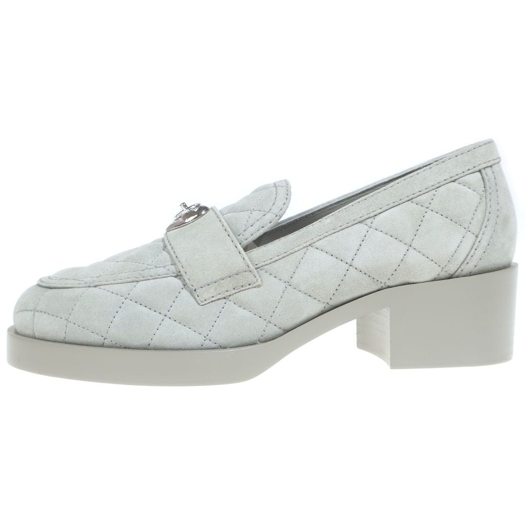 Chanel Heart Turnlock Quilted Suede Leather Heels Low Cut Shoes Loafers Gray