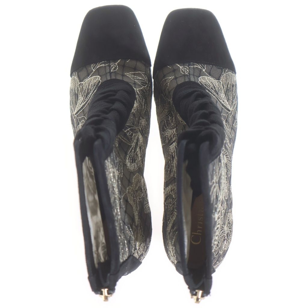 Dior Naughtily-d Logo Embroidery Suede Leather Lace Heels Short Boots Black — view 3