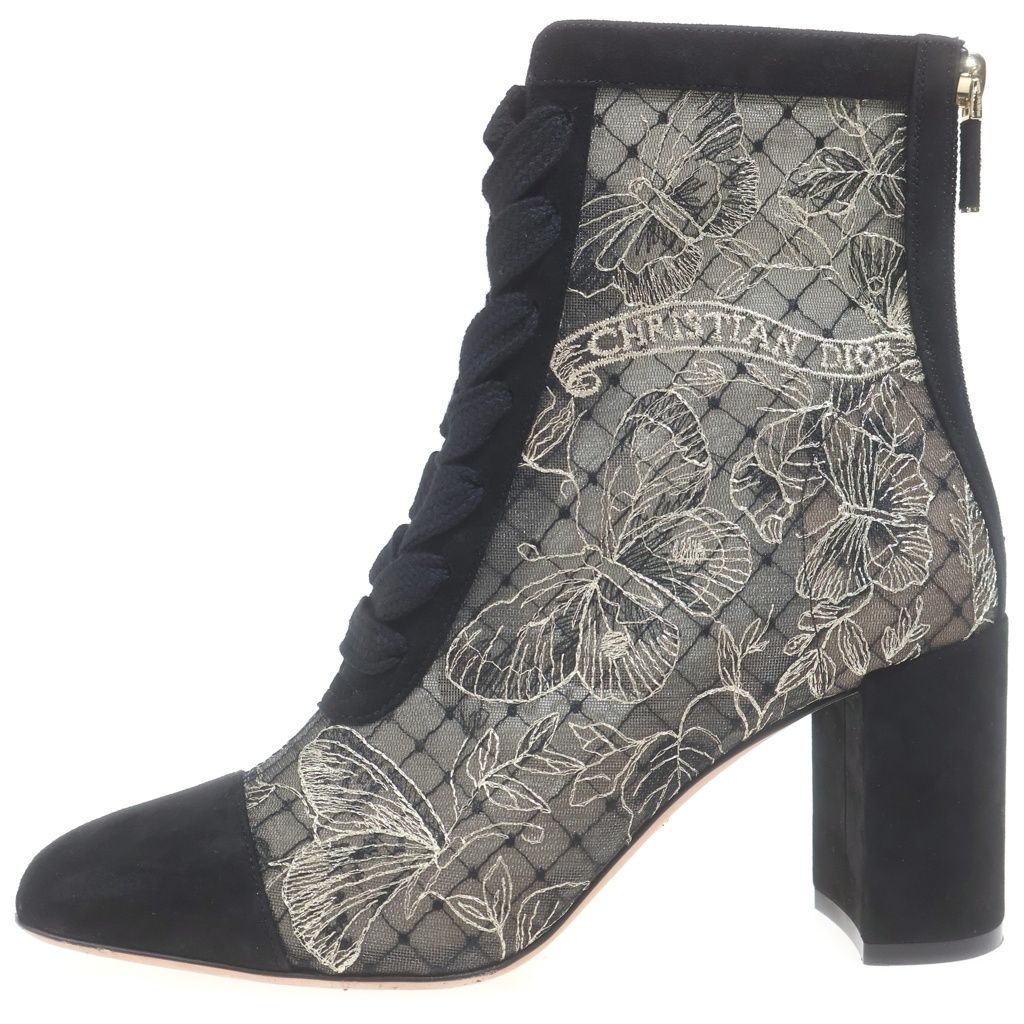 Dior Naughtily-d Logo Embroidery Suede Leather Lace Heels Short Boots Black
