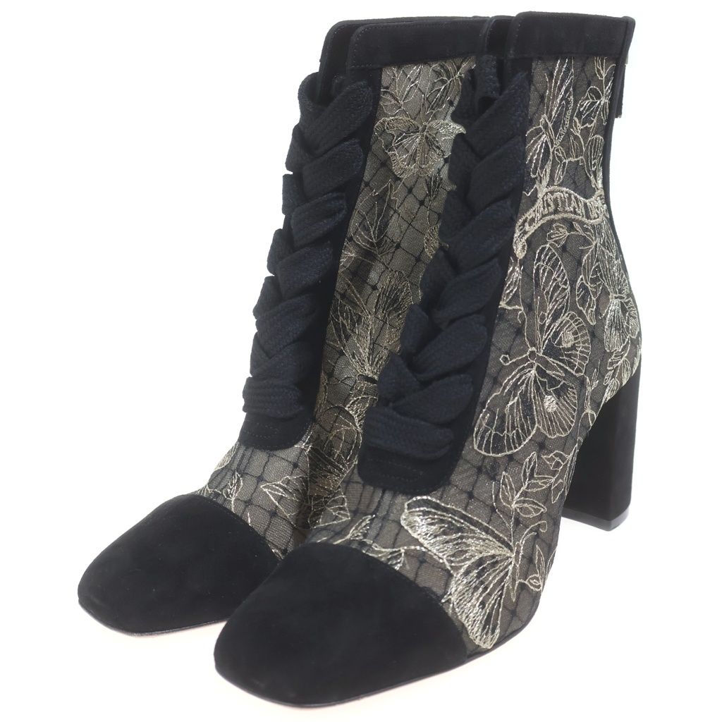 Dior Naughtily-d Logo Embroidery Suede Leather Lace Heels Short Boots Black — view 2
