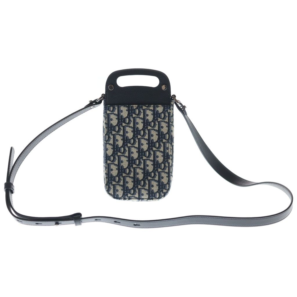 Dior Oblique Saddle Vertical Pouch Shoulder Bag Navy Leather Canvas Silver — view 2