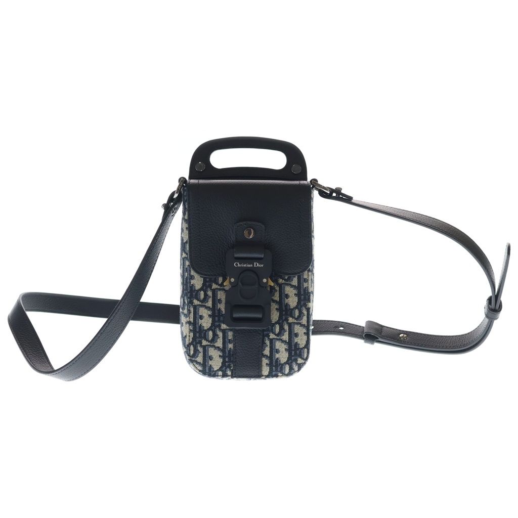 Dior Oblique Saddle Vertical Pouch Shoulder Bag Navy Leather Canvas Silver