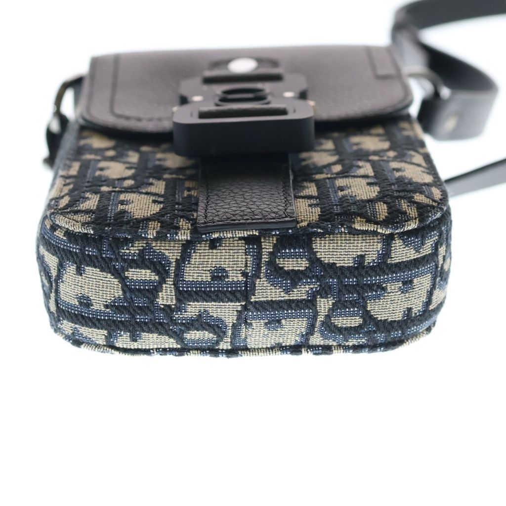 Dior Oblique Saddle Vertical Pouch Shoulder Bag Navy Leather Canvas Silver — view 4