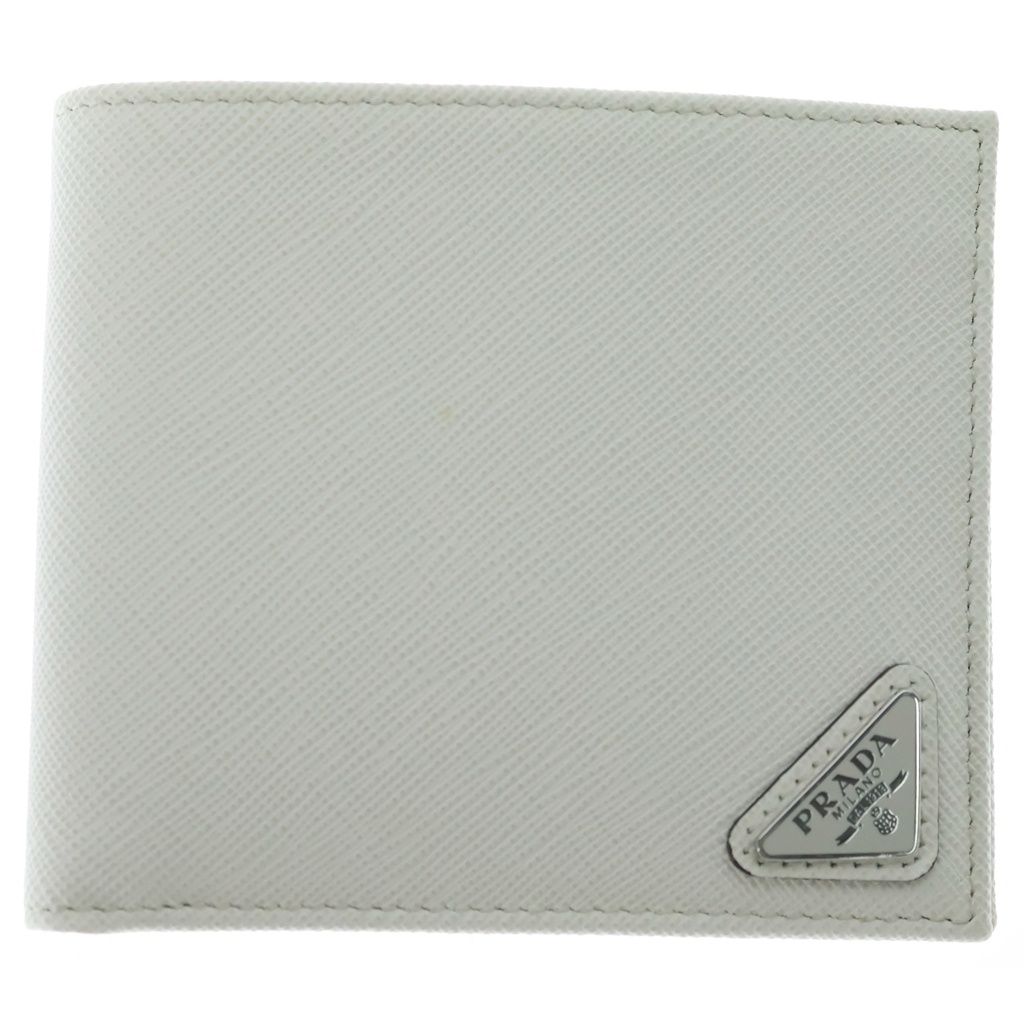 Prada Saffiano Bifold Wallet Compact Card Case White Leather Silver