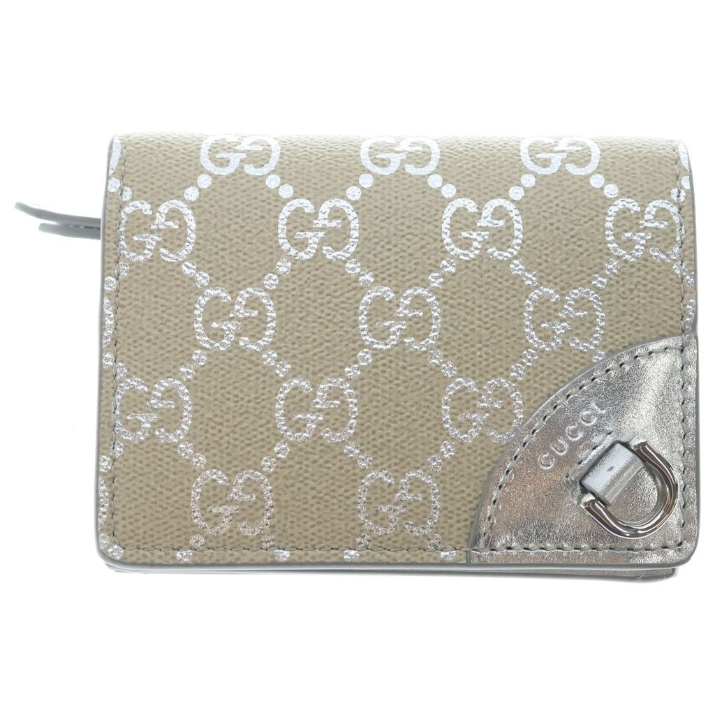 Gucci GG Emblem Compact Wallet Trifold Coin Case Beige Silver