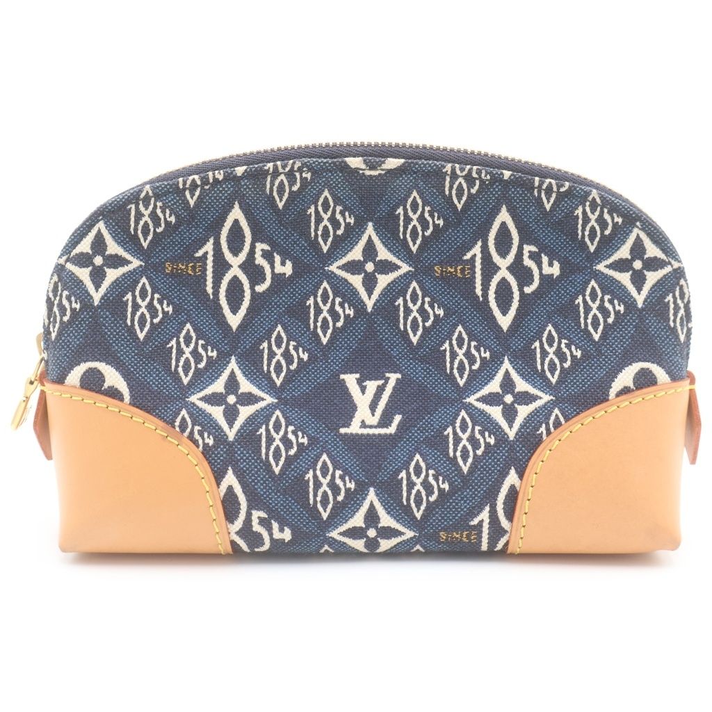Louis Vuitton Pochette Cosmetic Pouch Case Navy Brown Leather Canvas Gold — view 2