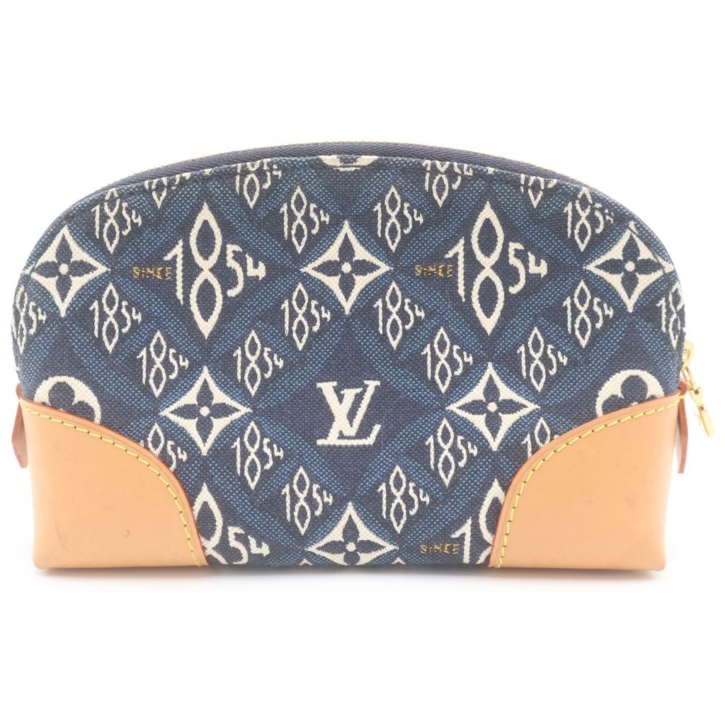 Louis Vuitton Pochette Cosmetic Pouch Case Navy Brown Leather Canvas Gold