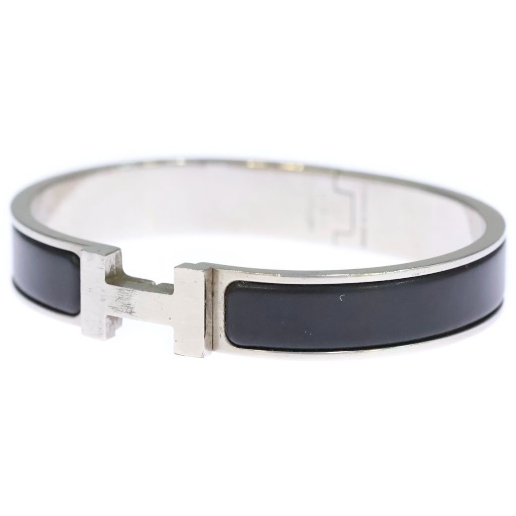 Hermes Click Logo Enamel Bangle Bracelet Silver Black