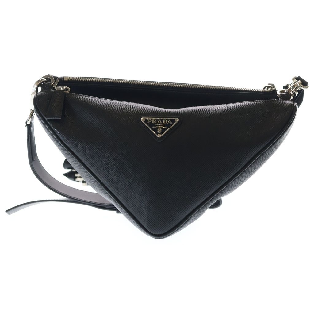 Prada Saffiano Leather Triangle Double Shoulder Bag Black