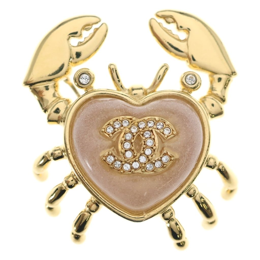 Chanel 25c Crab Club Motif Heart CC Logo Rhinestone Decorative Brooch Gold
