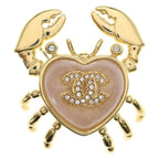 Chanel 25c Crab Club Motif Heart CC Logo Rhinestone Decorative Brooch Gold
