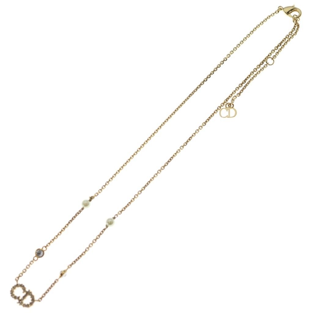 Dior CD Logo Faux Pearl Rhinestone Pendant Chain Gold — view 2