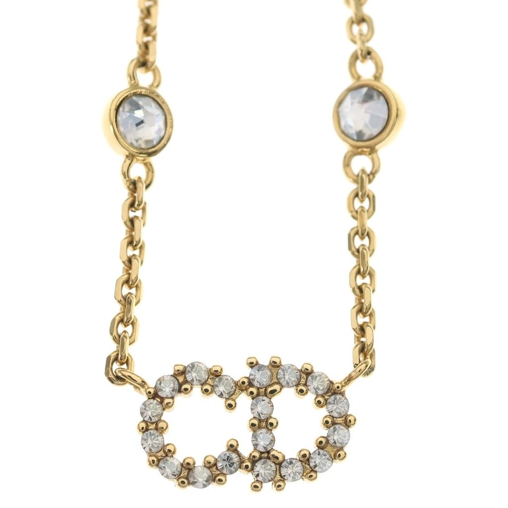 Dior CD Logo Faux Pearl Rhinestone Pendant Chain Gold — view 3