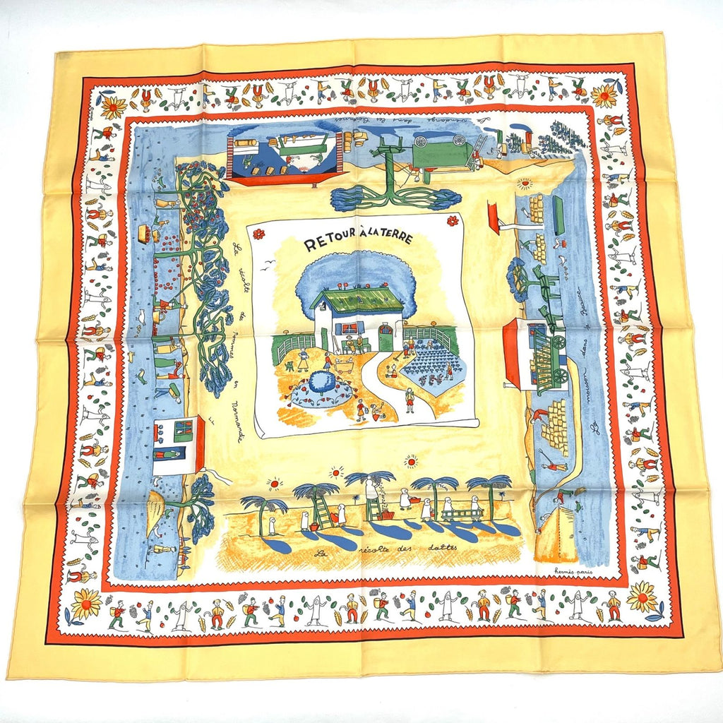 Hermes Carre 90 RE Tour a la Terre Return Silk 100% Scarf Yellow