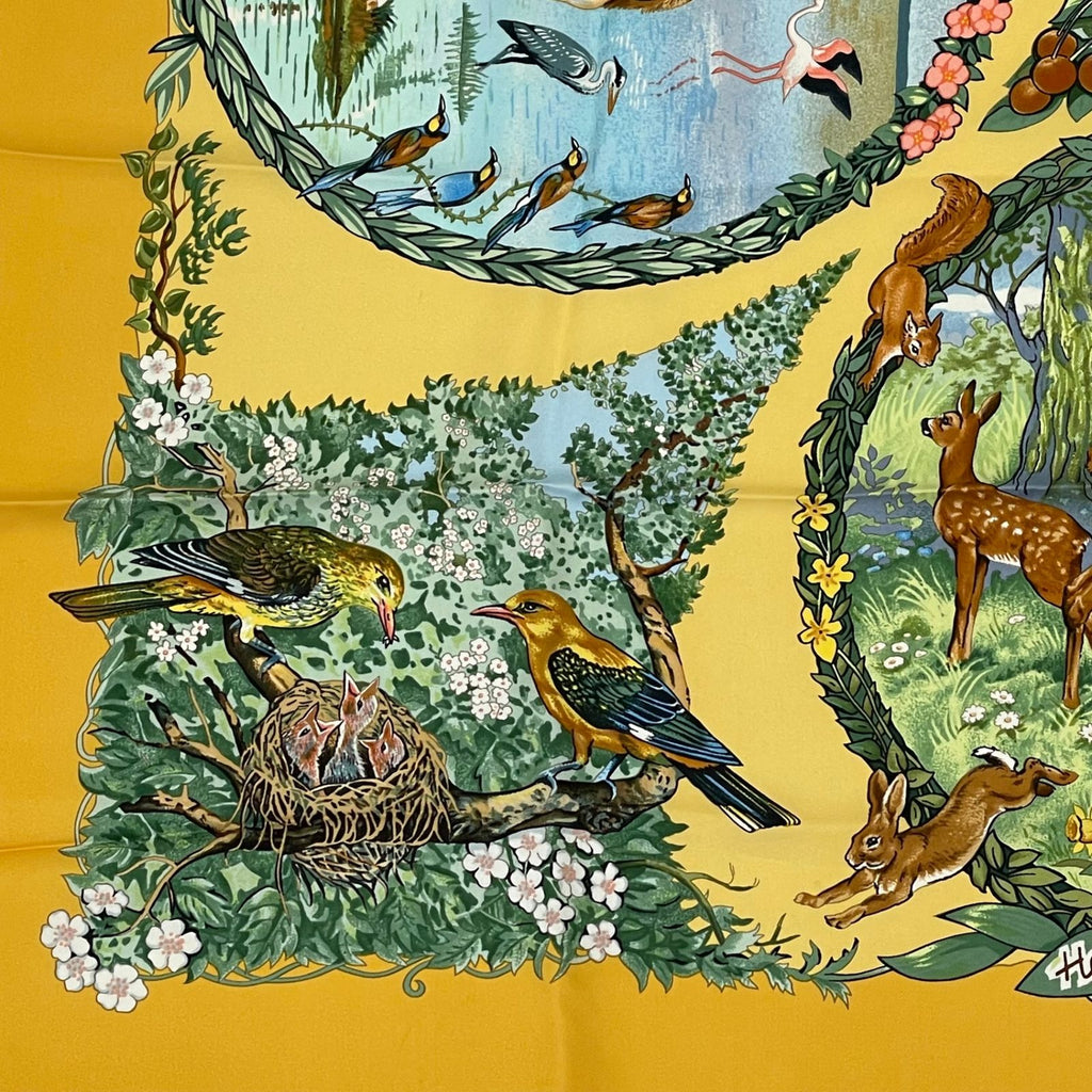 Hermes Carre 90 les Quatre Saisons Four Seasons Brown Animal Flower Scarf Silk — view 4