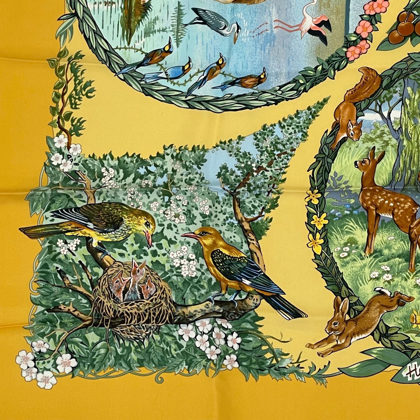 Hermes Carre 90 les Quatre Saisons Four Seasons Brown Animal Flower Scarf Silk — view 4