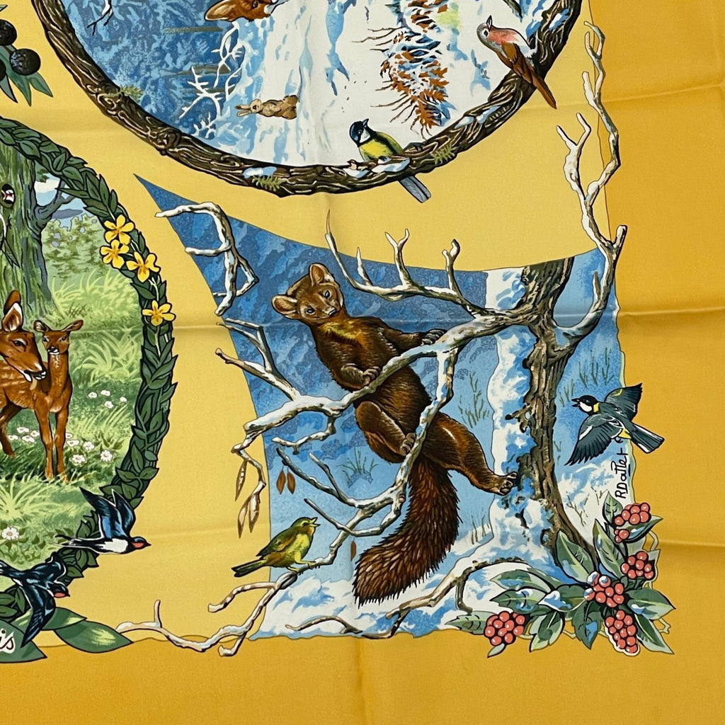 Hermes Carre 90 les Quatre Saisons Four Seasons Brown Animal Flower Scarf Silk — view 5