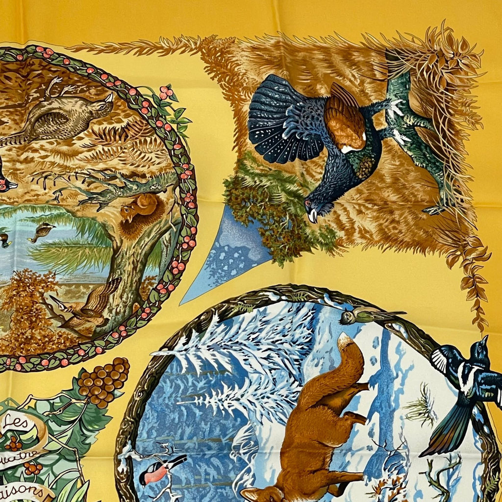 Hermes Carre 90 les Quatre Saisons Four Seasons Brown Animal Flower Scarf Silk — view 3