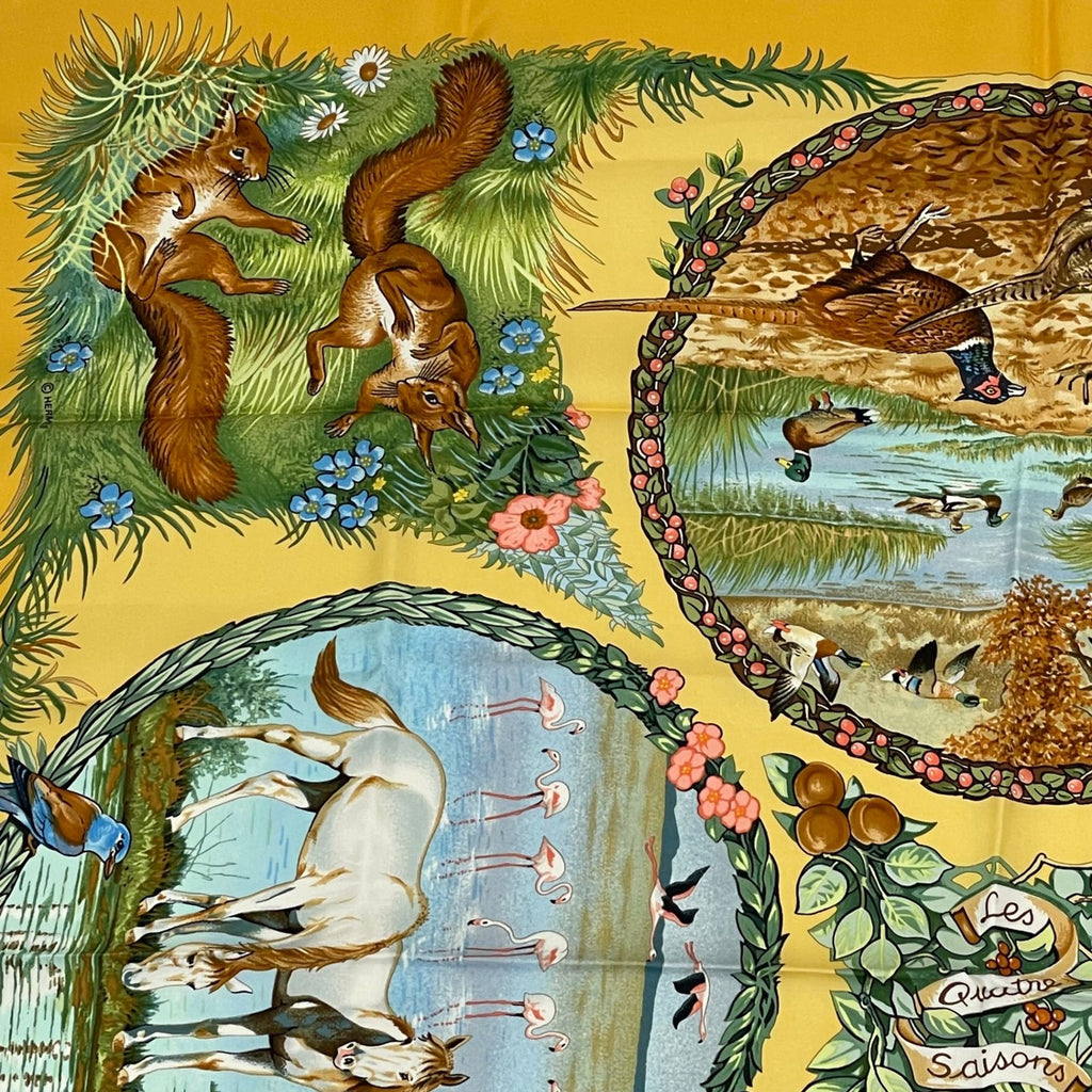 Hermes Carre 90 les Quatre Saisons Four Seasons Brown Animal Flower Scarf Silk — view 2