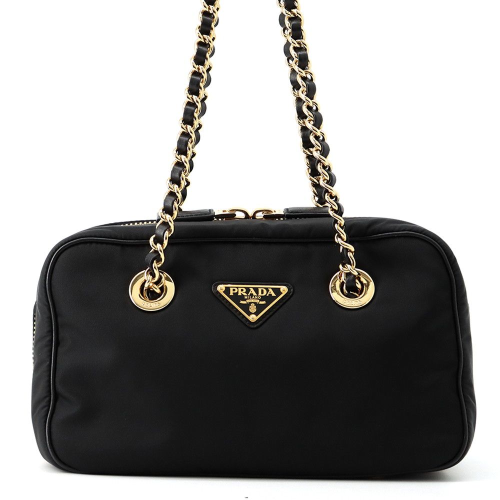 Prada Chain Shoulder Bag Triangle Logo Nylon Black