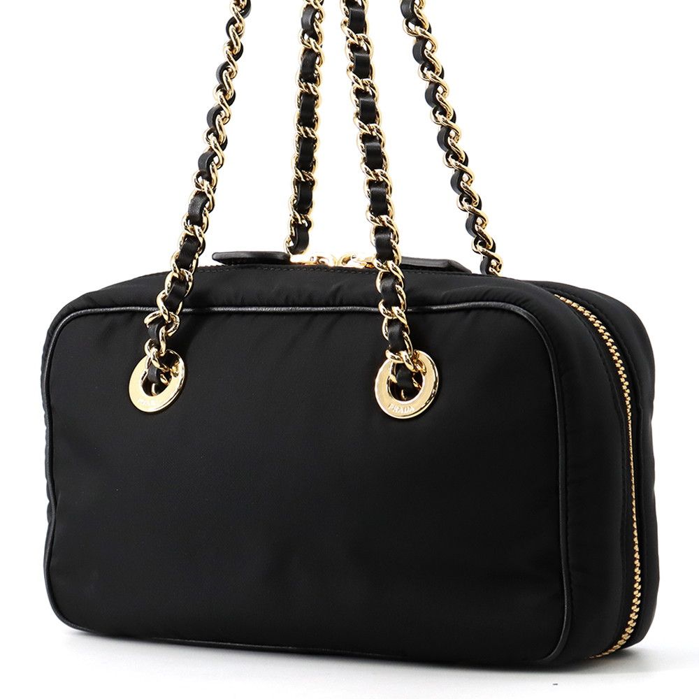 Prada Chain Shoulder Bag Triangle Logo Nylon Black — view 2