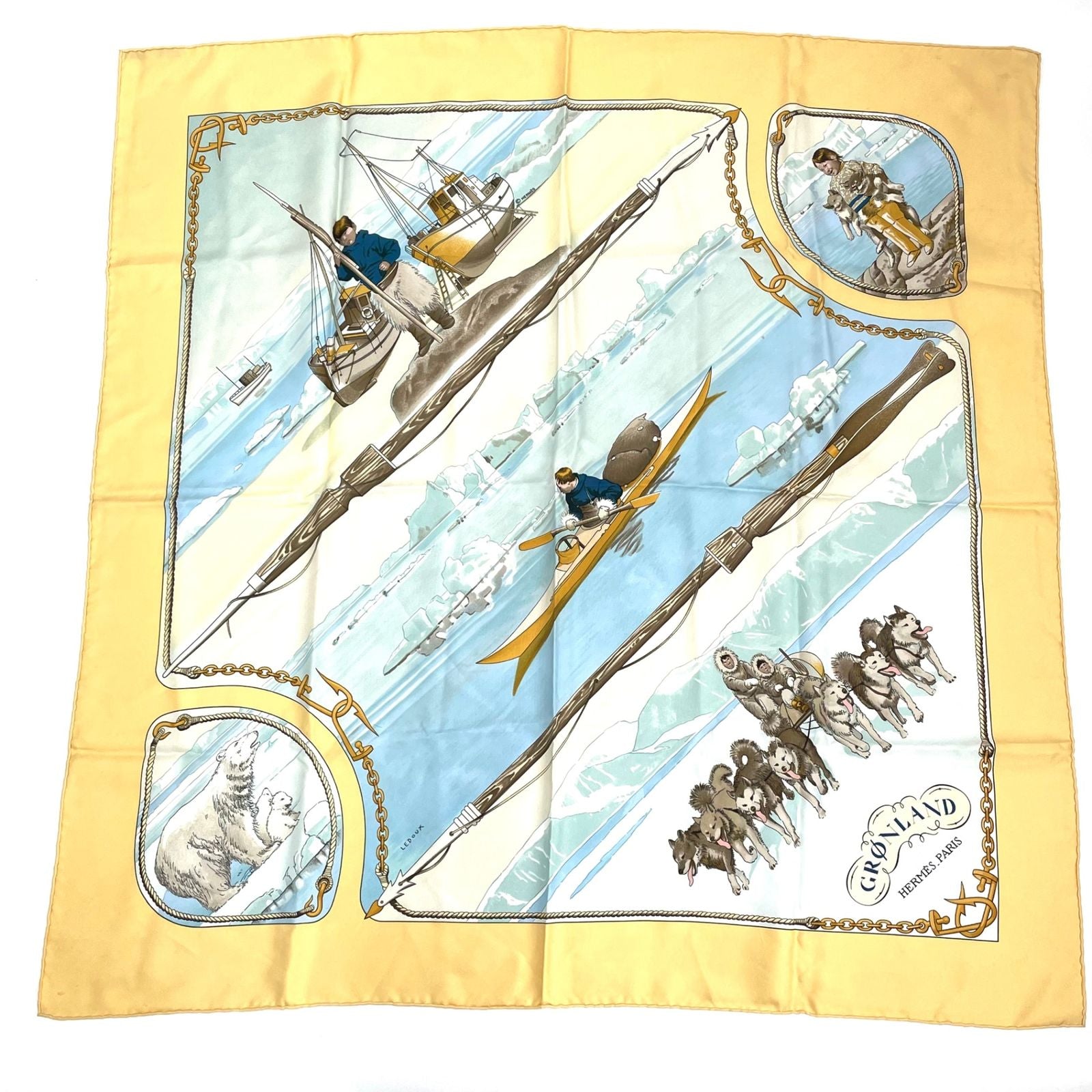 Hermes Carre 90 Gronland Green Land Eskimo Dog Sled Silk Scarf Yellow
