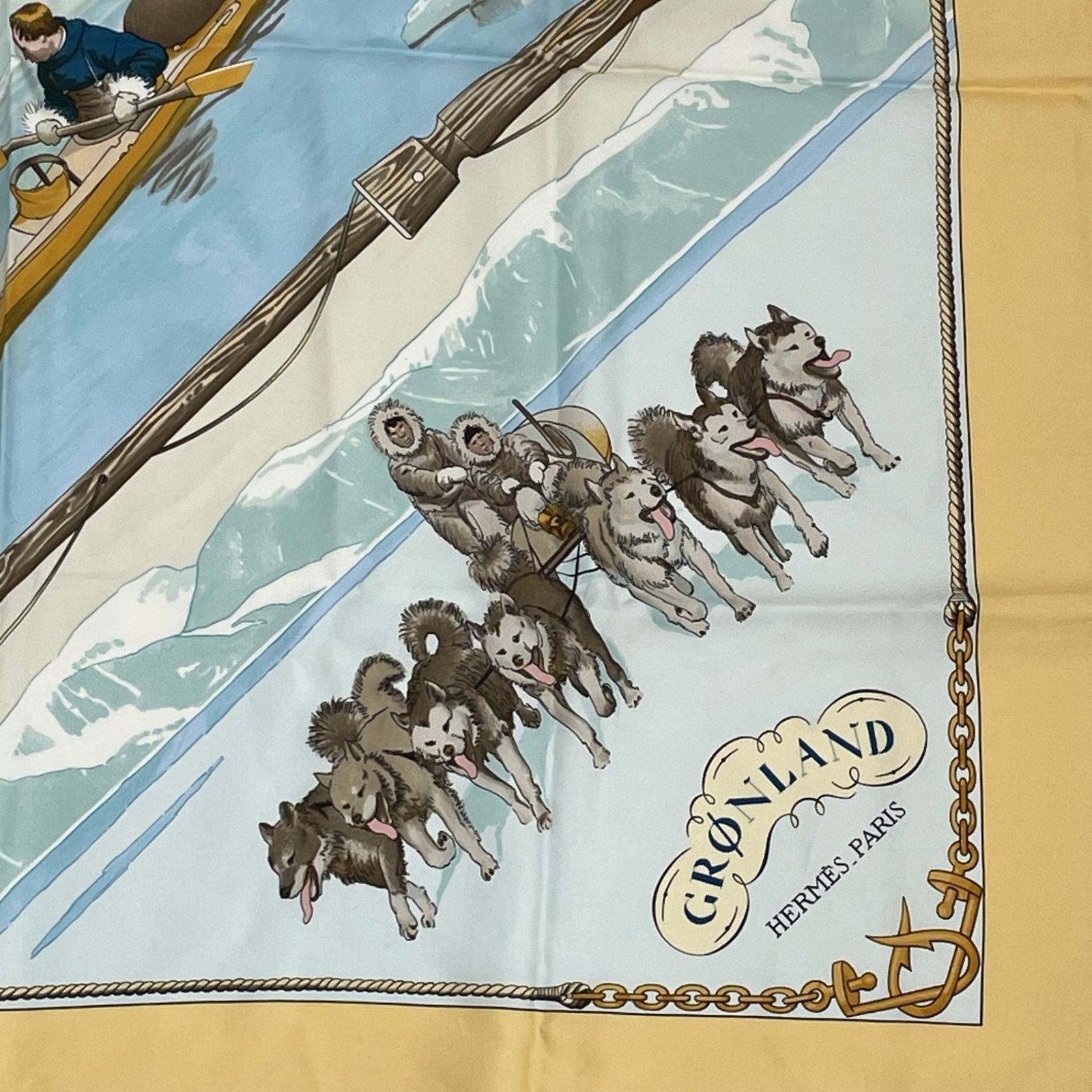 Hermes Carre 90 Gronland Green Land Eskimo Dog Sled Silk Scarf Yellow — view 5