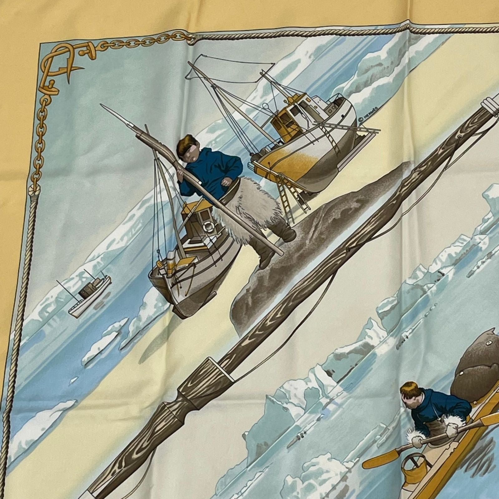 Hermes Carre 90 Gronland Green Land Eskimo Dog Sled Silk Scarf Yellow — view 2