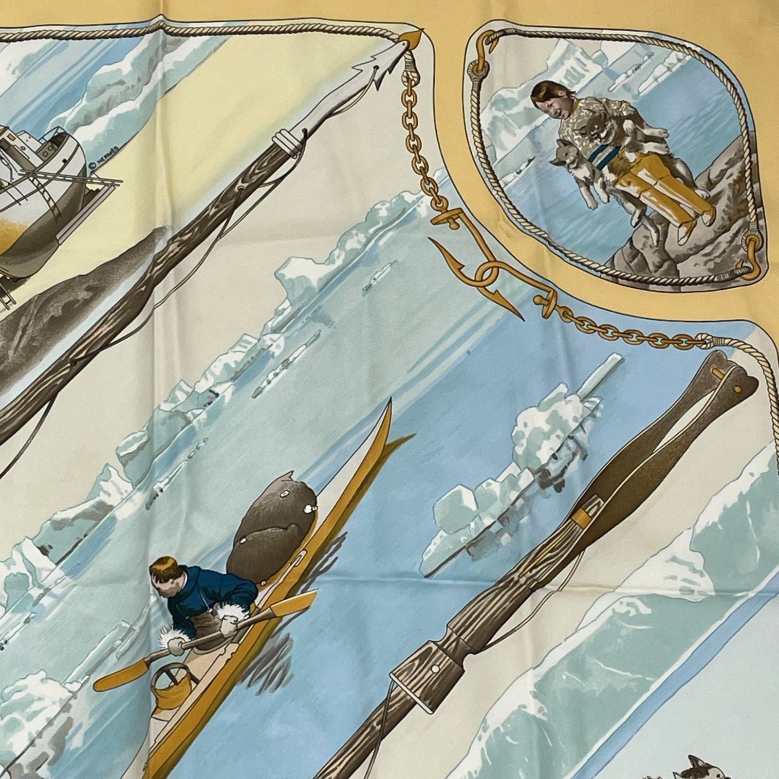 Hermes Carre 90 Gronland Green Land Eskimo Dog Sled Silk Scarf Yellow — view 3