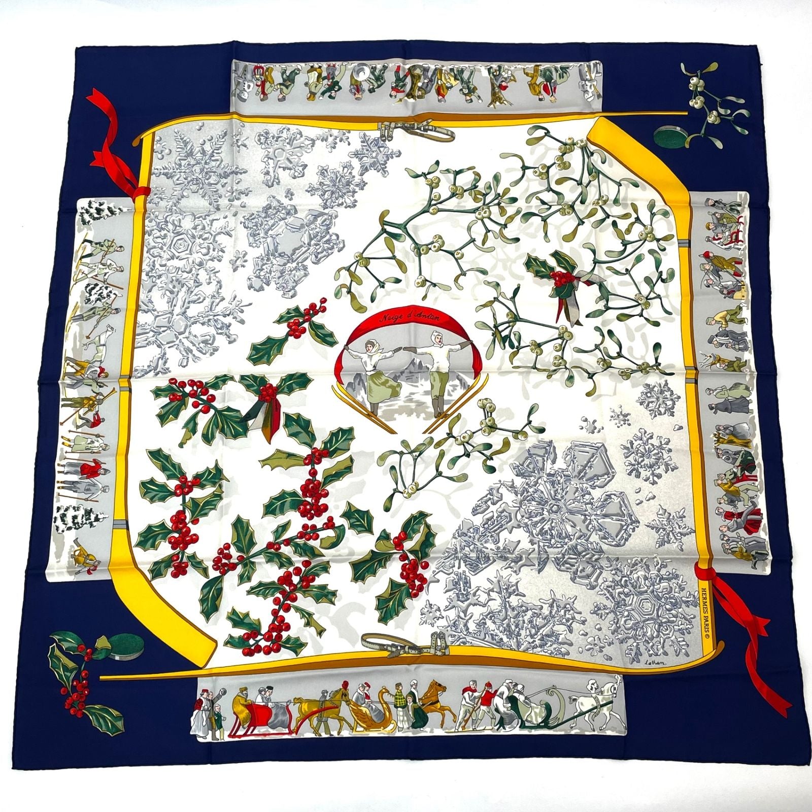 Hermes Carre 90 Neige D'antan Last Year's Snow Navy Silk 100% Scarf