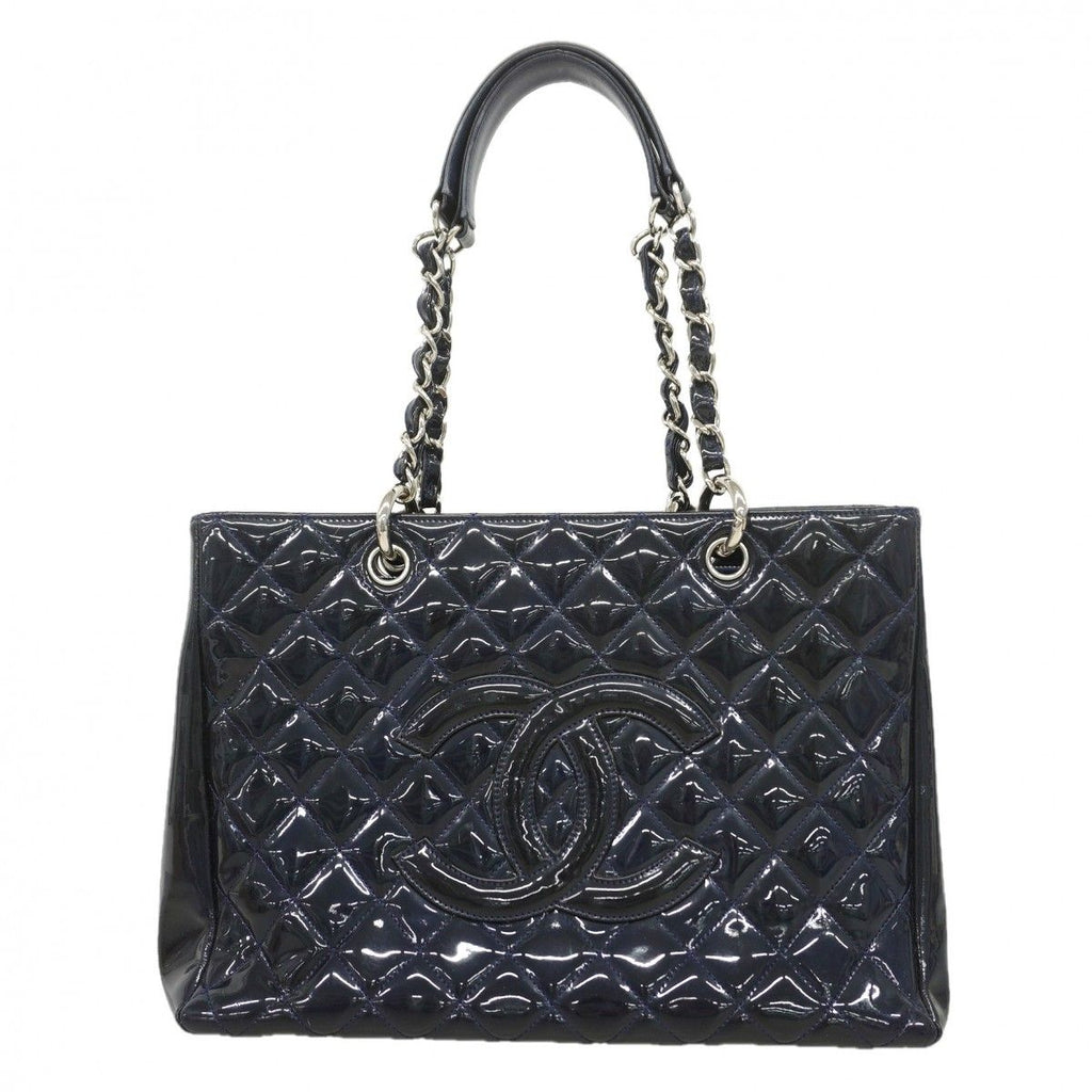 Chanel Chain Tote Quilted Patent Leather Navy Silver