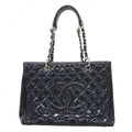 Chanel Chain Tote Quilted Patent Leather Navy Silver