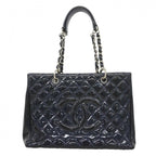 Chanel Chain Tote Quilted Patent Leather Navy Silver