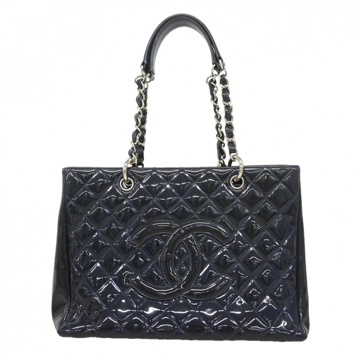 Chanel Chain Tote Quilted Patent Leather Navy Silver