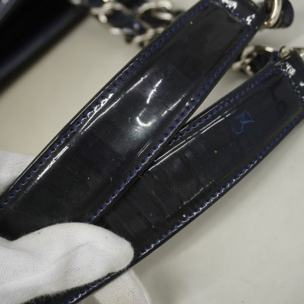 Chanel Chain Tote Quilted Patent Leather Navy Silver — view 9