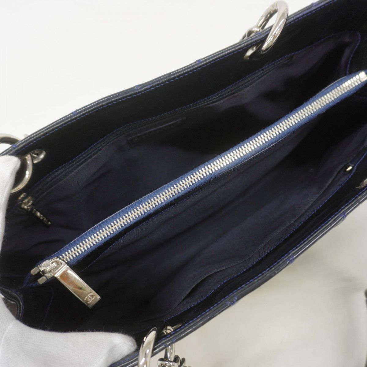 Chanel Chain Tote Quilted Patent Leather Navy Silver — view 4