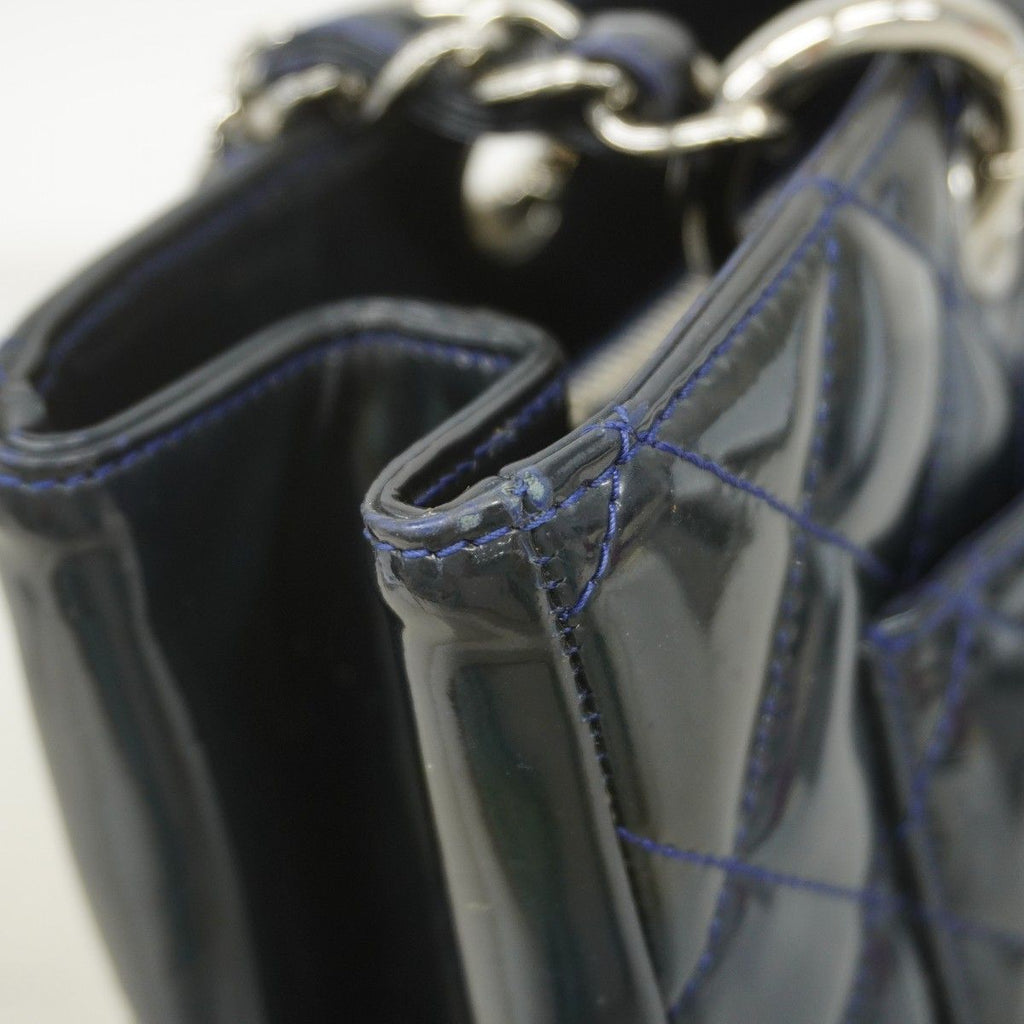 Chanel Chain Tote Quilted Patent Leather Navy Silver — view 7