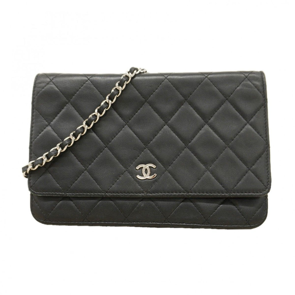 Chanel Shoulder Wallet Quilted Lambskin Black Silver