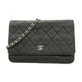 Chanel Shoulder Wallet Quilted Lambskin Black Silver