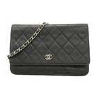 Chanel Shoulder Wallet Quilted Lambskin Black Silver