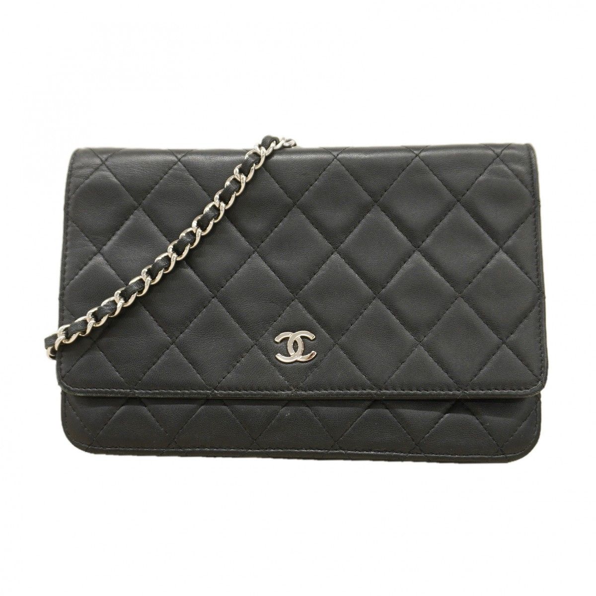 Chanel Shoulder Wallet Quilted Lambskin Black Silver