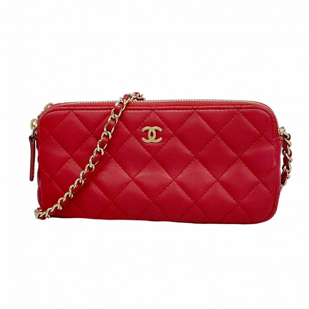 Chanel Shoulder Bag Quilted Lambskin Red Champagne Gold
