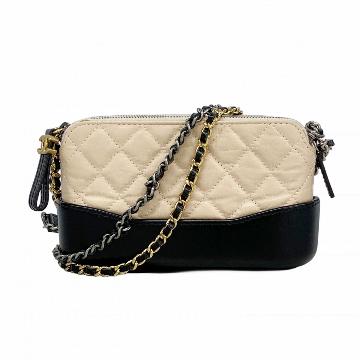 Chanel Shoulder Bag Gabrielle Lambskin Beige Black Gold Silver