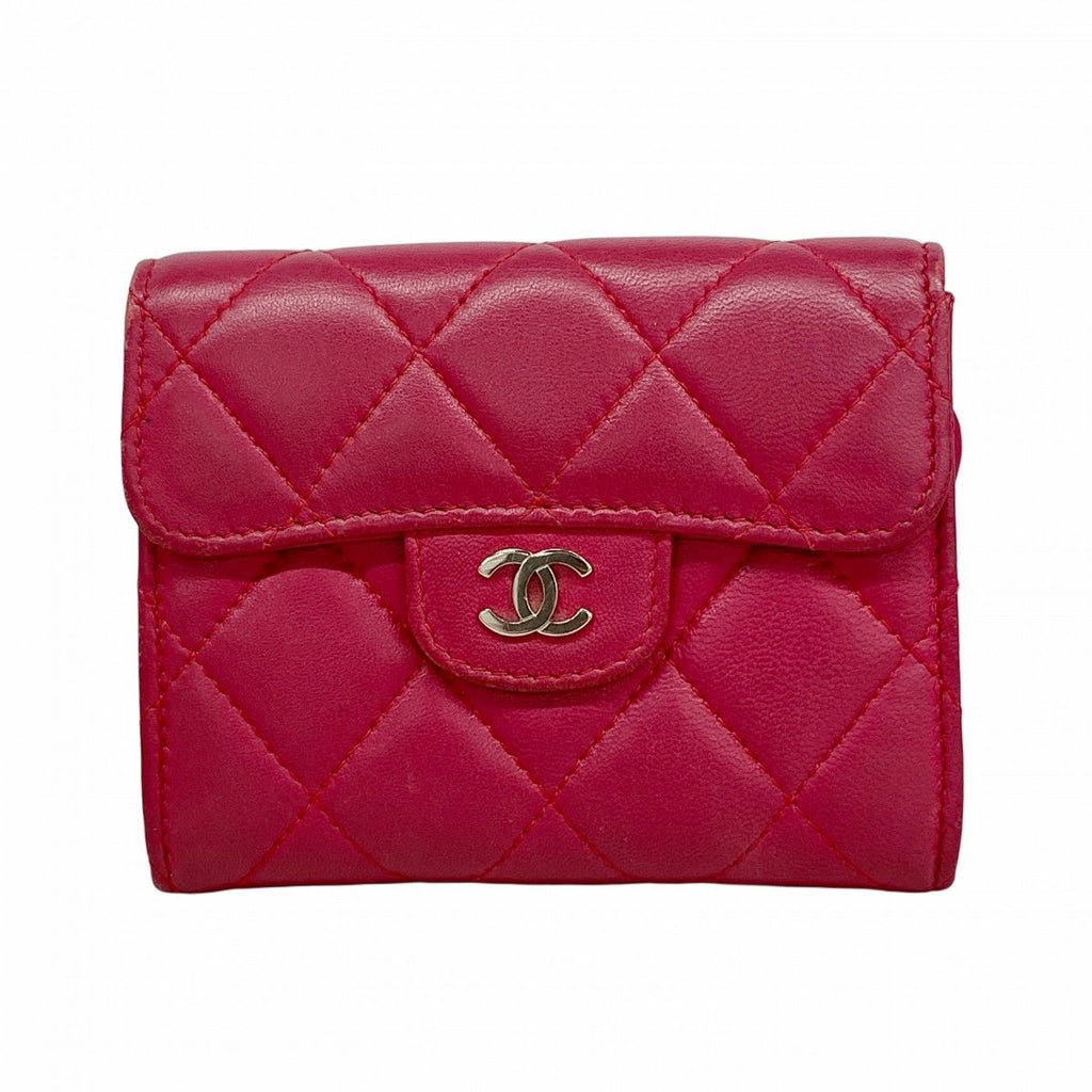 Chanel Card Case Quilted Lambskin Red Silver