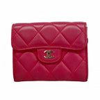 Chanel Card Case Quilted Lambskin Red Silver