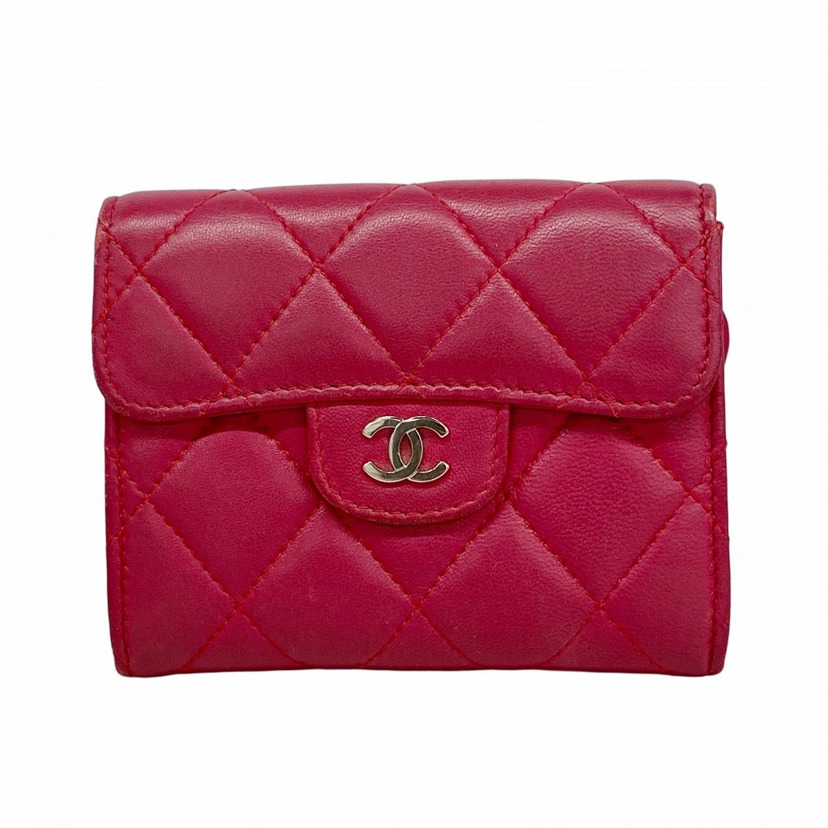 Chanel Card Case Quilted Lambskin Red Silver