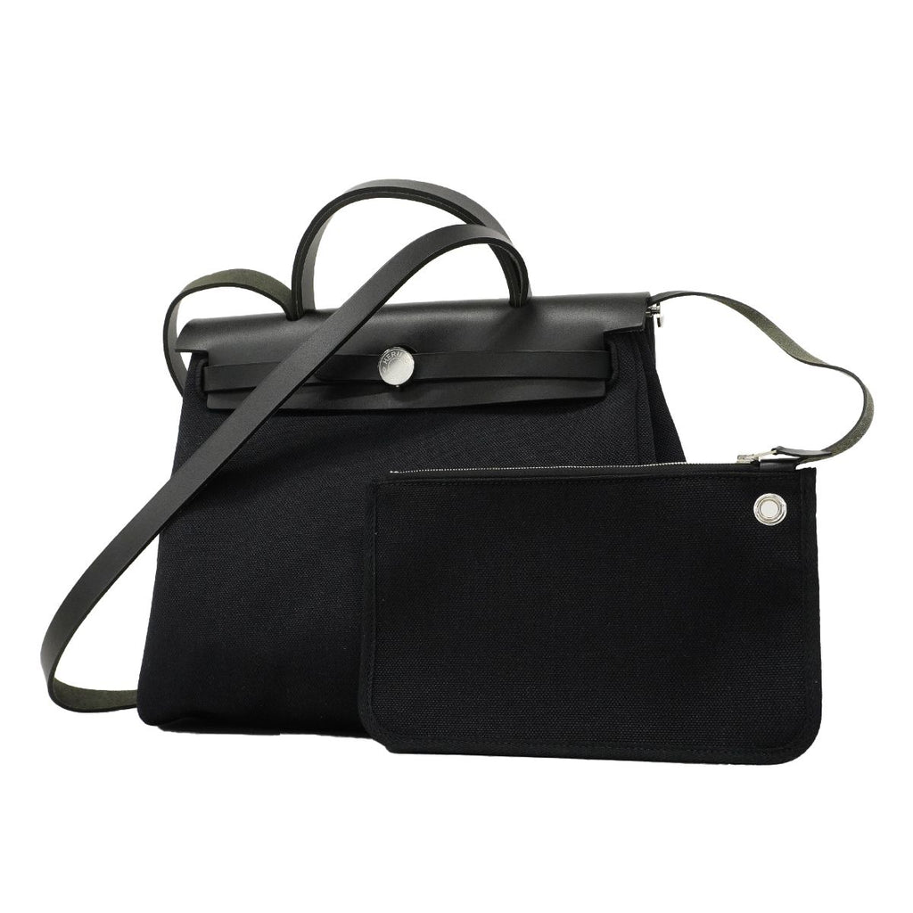 Hermes Handbag Herbag Zip PM Toile Officier Black Silver 2-Way