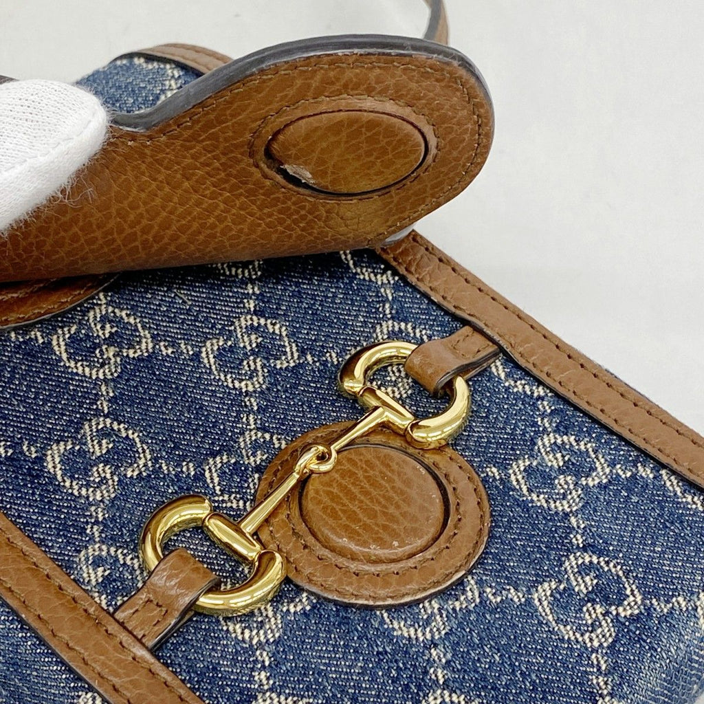 Gucci Shoulder Bag Horsebit Denim Blue Brown Gold — view 6